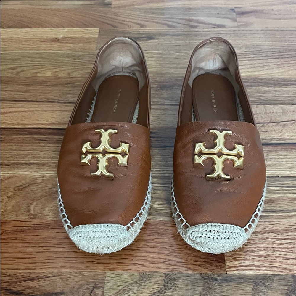 Tory Burch Tan Espadrille Loafers with Gold Emblem